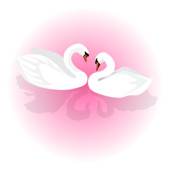 A pair of beautiful white swans on a light pink background. Romantic isolated vector illustration for wedding, Valentine's Day