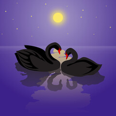 Obraz premium A pair of beautiful black swans at night on a pond, with moon and stars, against a dark purple background. Romantic isolated vector illustration