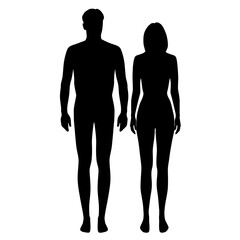Vector silhouettes figures of a man and a woman standing, couple,  black color, isolated on white background