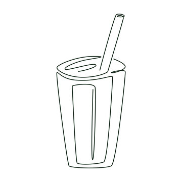 Glass drink glass with straw, vector isolated illustration in line art style with endless line.