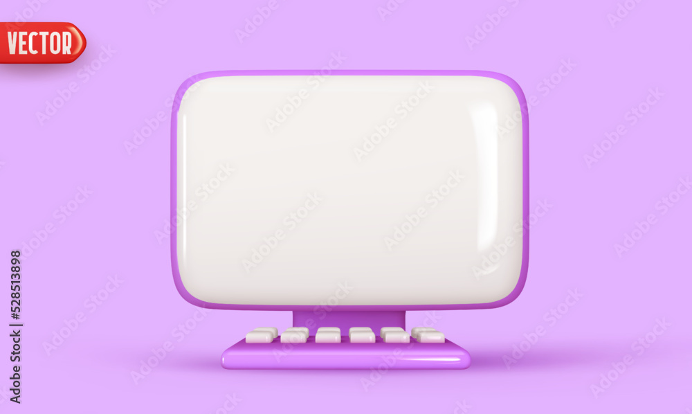 Poster modern computer monitor with keyboard. desktop computer screen template. realistic 3d cartoon style 