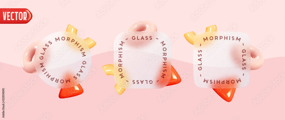 Poster template set of glass morphism. glassmorphism square and round frames. geometric abstract objects un