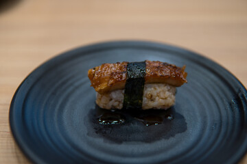 Grilled Eel Sushi rolls in japan restaurant. 