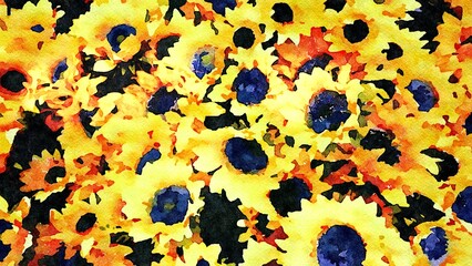 Watercolor composition of sunflowers during a summer day.