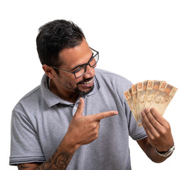 Man holds money, Brazilian money, BRL 