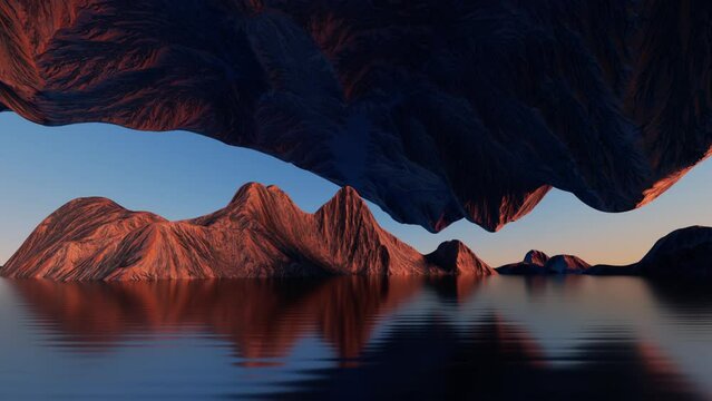 3d animation. Moving along the coast, spiritual seascape scenery during a boat trip. Seaside landscape panorama with cliffs and rocks reflecting in the water. Abstract nature background