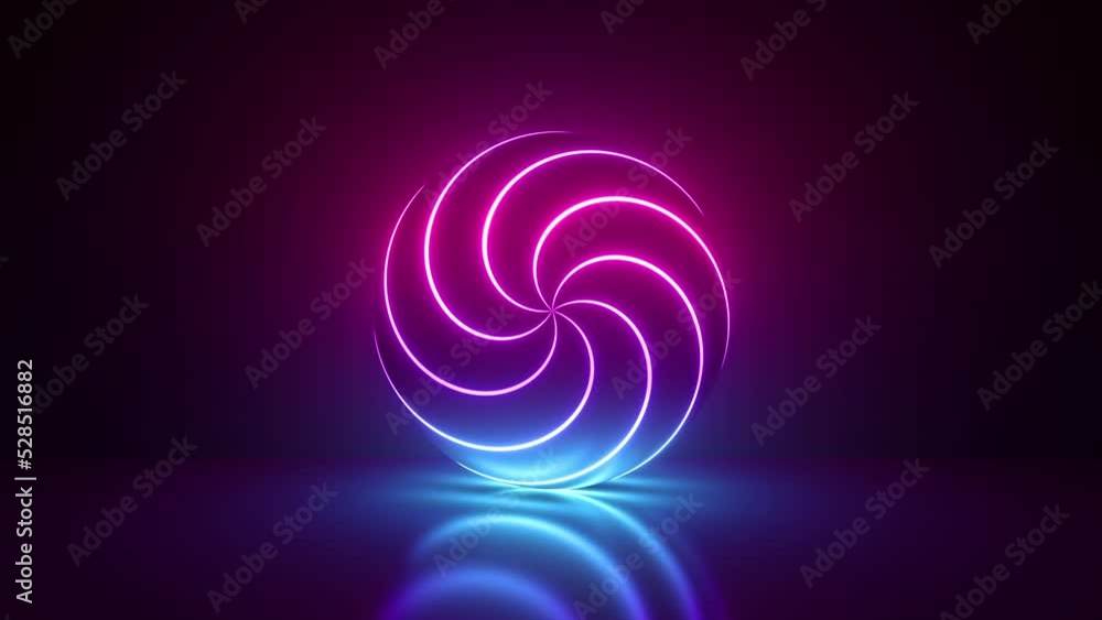 Poster cycled 3d animation, rotating ball with hypnotizing neon spiral twisted lines. abstract geometric ba