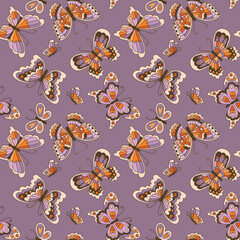 Groovy rainbow butterflies Seamless pattern on purple background. Psychedelic moths in vintage 60s 70s hippie style.
