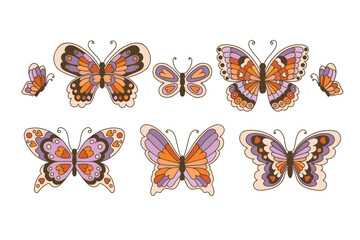 Retro 60s 70s Hippie Summer Groovy Butterfly set element hand drawn vector illustration.