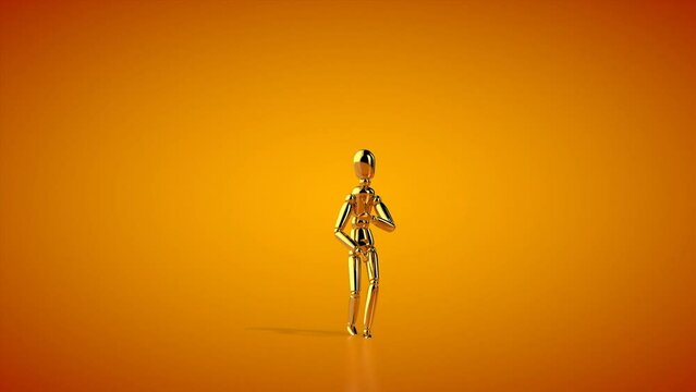 Funny golden mannequin doing a salsa pirouette, seamless loop, orange studio