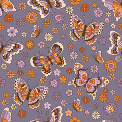 Groovy butterfly and daisy flovers seamless pattern. Vector repeat 70s background with fall colors in a retro hippie aesthetic.