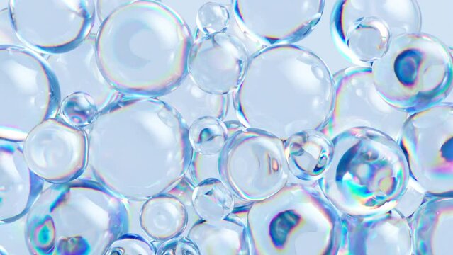 3d animation, clear jelly balls falling down filling the screen, abstract background with bubbles