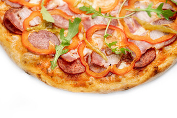 Pizza Close Up with sweet red and pickled pepper, ham, salami and cheese isolated on white background. Copyspace. Top view