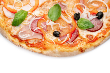 Pizza Close Up with sweet red pepper, ham, salami, olives and cheese isolated on white background. Copyspace. Top view