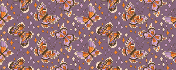 70s 60s Butterfly Seamless Pattern. Colored repeating lilac background in vintage style. vector illustration.
