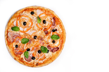 Fresh pizza with sweet red pepper, ham, salami, olives and cheese isolated on white background. Copyspace. Top view