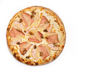 Fresh pizza with ham, pears, Walnut and cheese isolated on white background. Copyspace. Top view