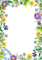 rectangular frame with wildflowers and herbs on a white background.