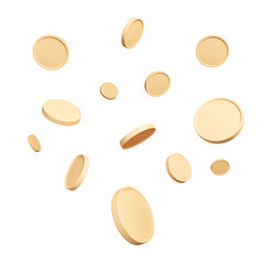 3D golden coin falling on isolated white background use for banner. Spinning gold coins in different shape. Market investment trading, financial, index, forex, 3d rendering.