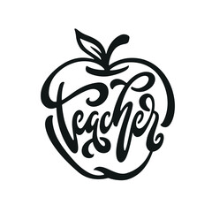 Teacher word hand drawn lettering inscription. Apple creative typography. Teacher t-shirt apparel design. Vector illustration.