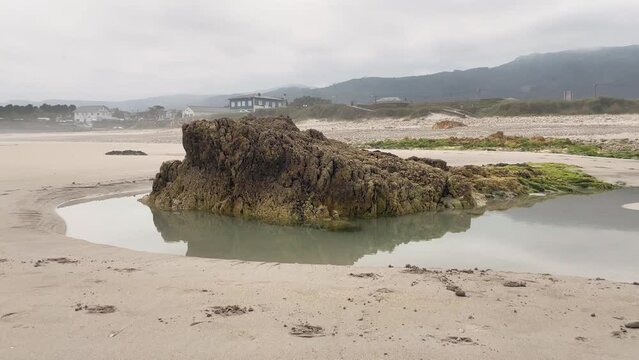 Scene on the beach with a rock surrounded by water. Houses and road in the background.