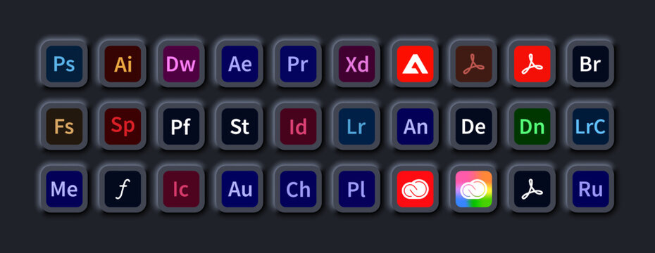 Adobe products. Logotype set of adobe apps: Illustrator, Creative Cloud, After Effects, Premiere Pro, Photoshop, Lightroom. Programs logos collection. Neomorphism style. Editorial vector illustration