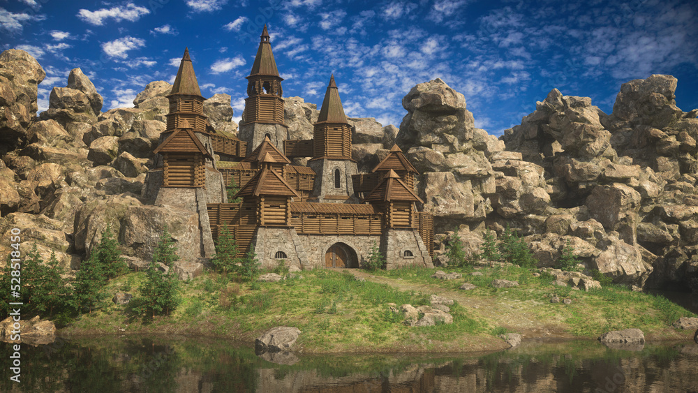 Poster medieval fantasy fortress on the edge of a lake surrounded by rocky landscape. 3d rendering.
