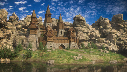 Fototapeta premium Medieval fantasy fortress on the edge of a lake surrounded by rocky landscape. 3D rendering.