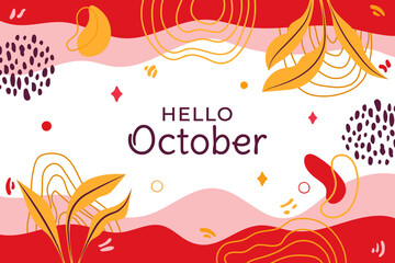 Fototapeta na wymiar Hello October Floral Abstract Typography Social media post vector Illustration. Memphis pattern design horizontal background. Greeting card, promotion, website, template frame digital graphic resource