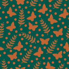Vector orange butterflies, leaf bunches and dots seamless pattern background. Perfect for fabrics, wallpaper, giftwrap and scrapbooking projects.