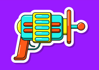 Vector cartoon blaster sticker. Isolated colorful toy gun with white contour. Futuristic weapon design.