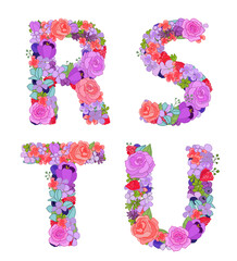 colorful flowers arrangement in capital letter shape. set of typ