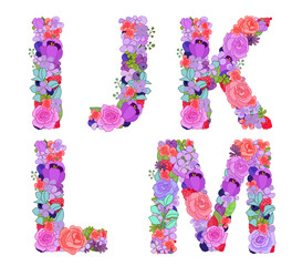colorful flowers arrangement in capital letter shape. set of typ
