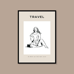 Fototapeta na wymiar Woman silhouette minimal bohemian travel illustration poster design for wall art gallery 