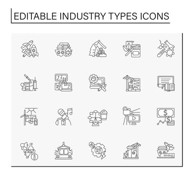 Industries line icons set. Different types of organisations or establishments. Services for people. Business concept. Isolated vector illustrations. Editable stroke