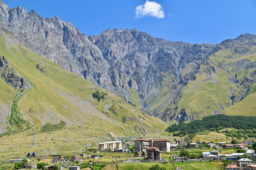 Fototapeta na wymiar Breathtaking Landscape of the Caucasus Mountains in Stepantsminda, Georgia
