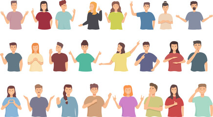 People talking with hand gesture icons set cartoon vector. People say. Deaf loss