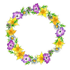 round frame made of watercolor wildflowers on a white background.