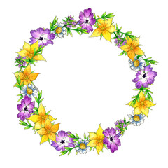 Obraz premium round frame made of watercolor wildflowers on a white background.