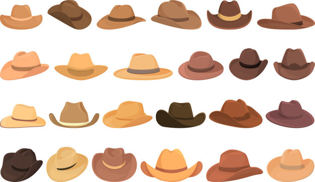 Cowboy hat icons set cartoon vector. Fashion leather. Old costume