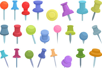 Push pin thumbtack icons set cartoon vector. Paper office. Cork tack