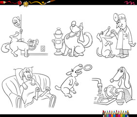 Fototapeta na wymiar cartoon dogs animal characters set coloring page