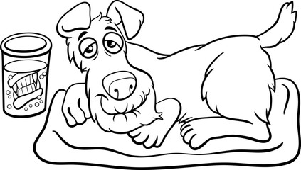 cartoon senior dog with dentures in a glass coloring page