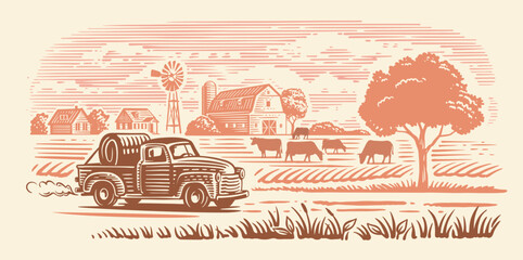 Pickup truck and Farming landscape. Farm with barn drawing