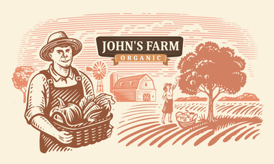 Gardener, farmer with basket of harvested vegetables.