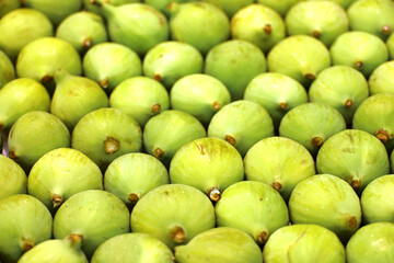 Ripe green fig fruits stacked in rows on a market
