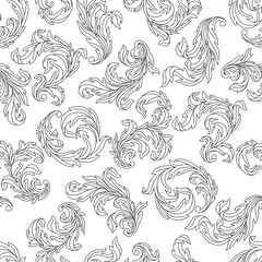 Decorative floral seamless pattern in baroque style. Engraved black curling plant.