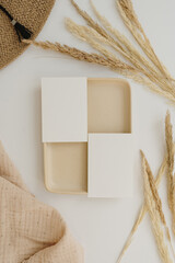 Paper invitation cards with blank copy space. Flat lay, top view aesthetic minimalist wedding...