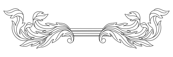 Decorative floral element in baroque style. Engraved black curling plant.