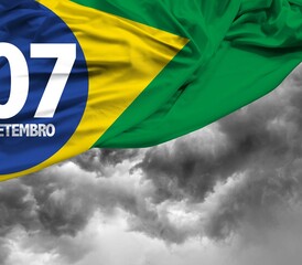 Square Banner of Brazil independence day celebration. Brazil flag waving rainy sky.